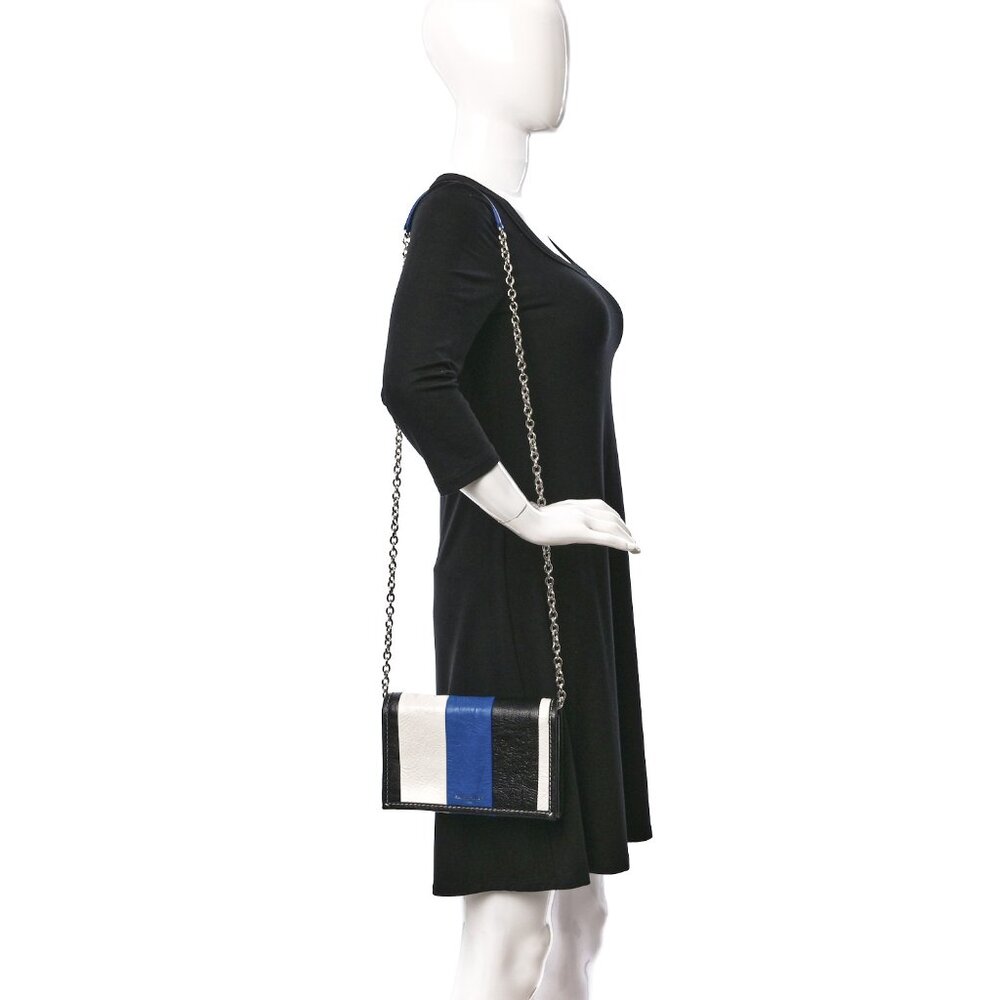 BALENCIAGA BAZAR Stripe Crossbody Shoulder Bag on Chain Blue Black White Leather - Picture 15 of 16